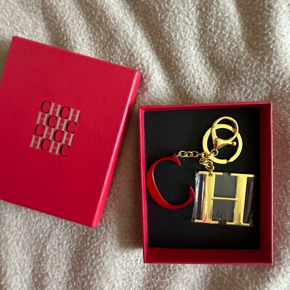 Carolina Herrera  Gold & Red CH Logo Keyring/Keychain Bag Charm/Pendant Gold